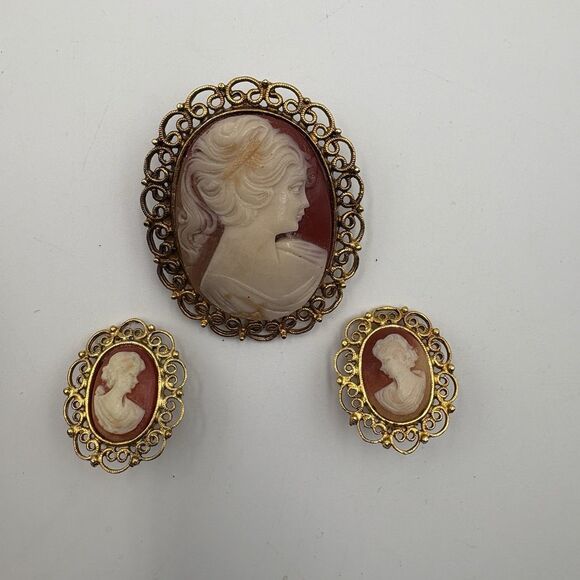 Cameo Jewelry - Vintage Resin Cameo Gold Tone Pin Brooch With Clip On Earrings
